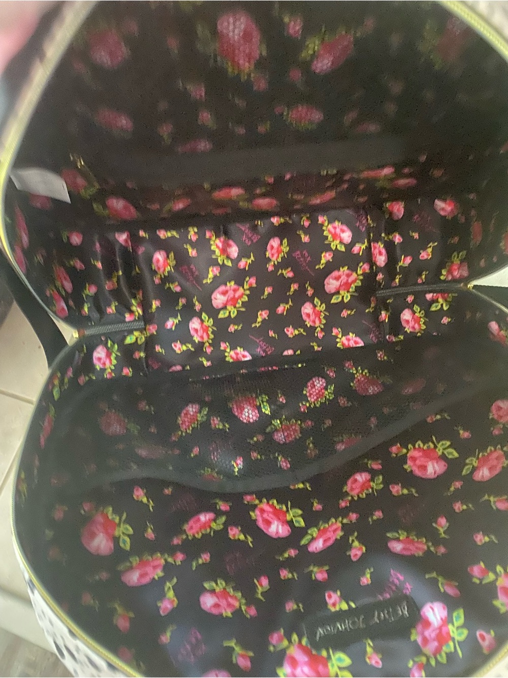 Betsey Johnson Black & White Stripe Dome Travel Bag with Pink Floral Accents - Picture 7 of 9